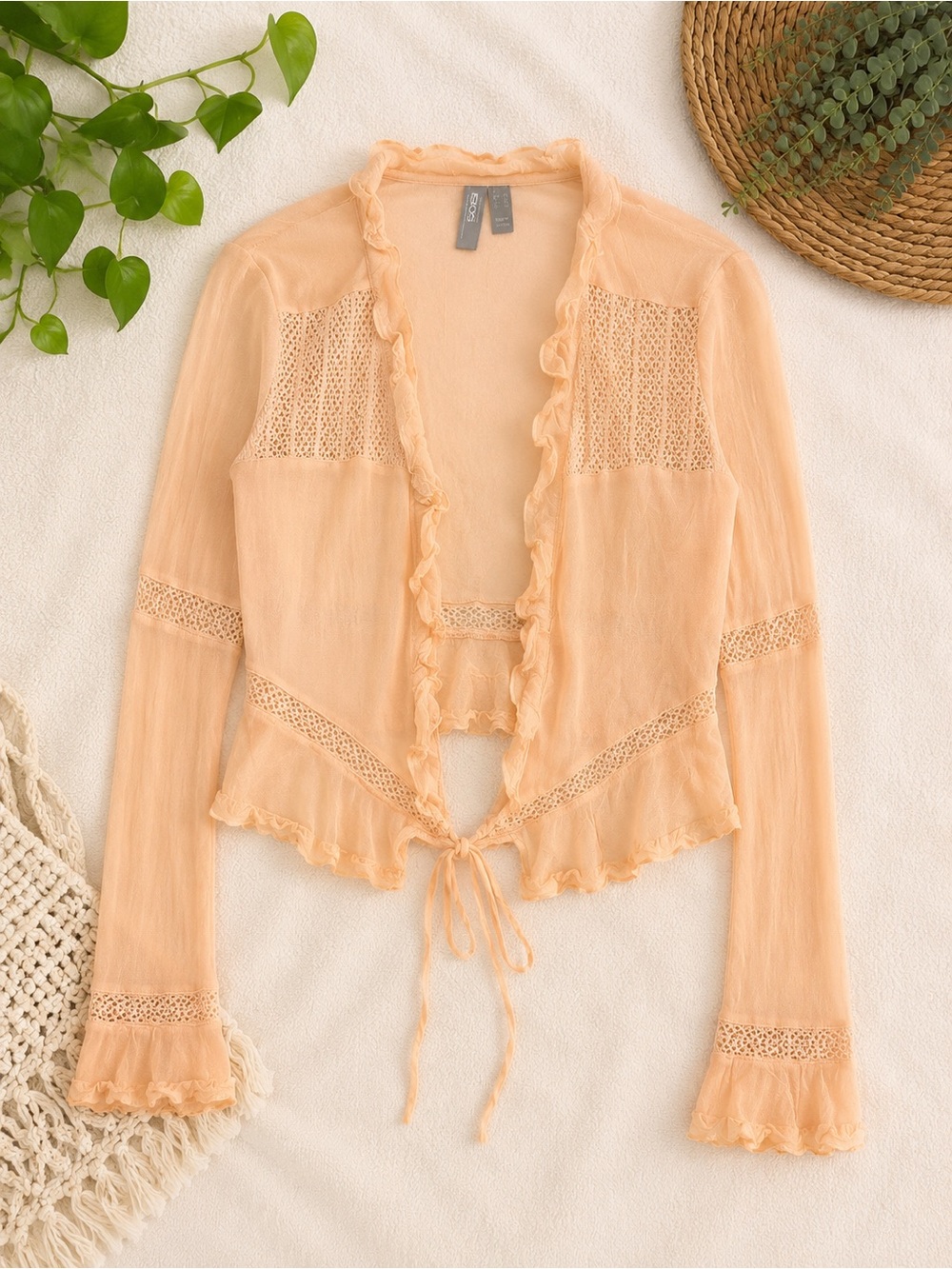 ASOS Sheer Ruffle Tie Front Cardigan Blush Peach Size 10